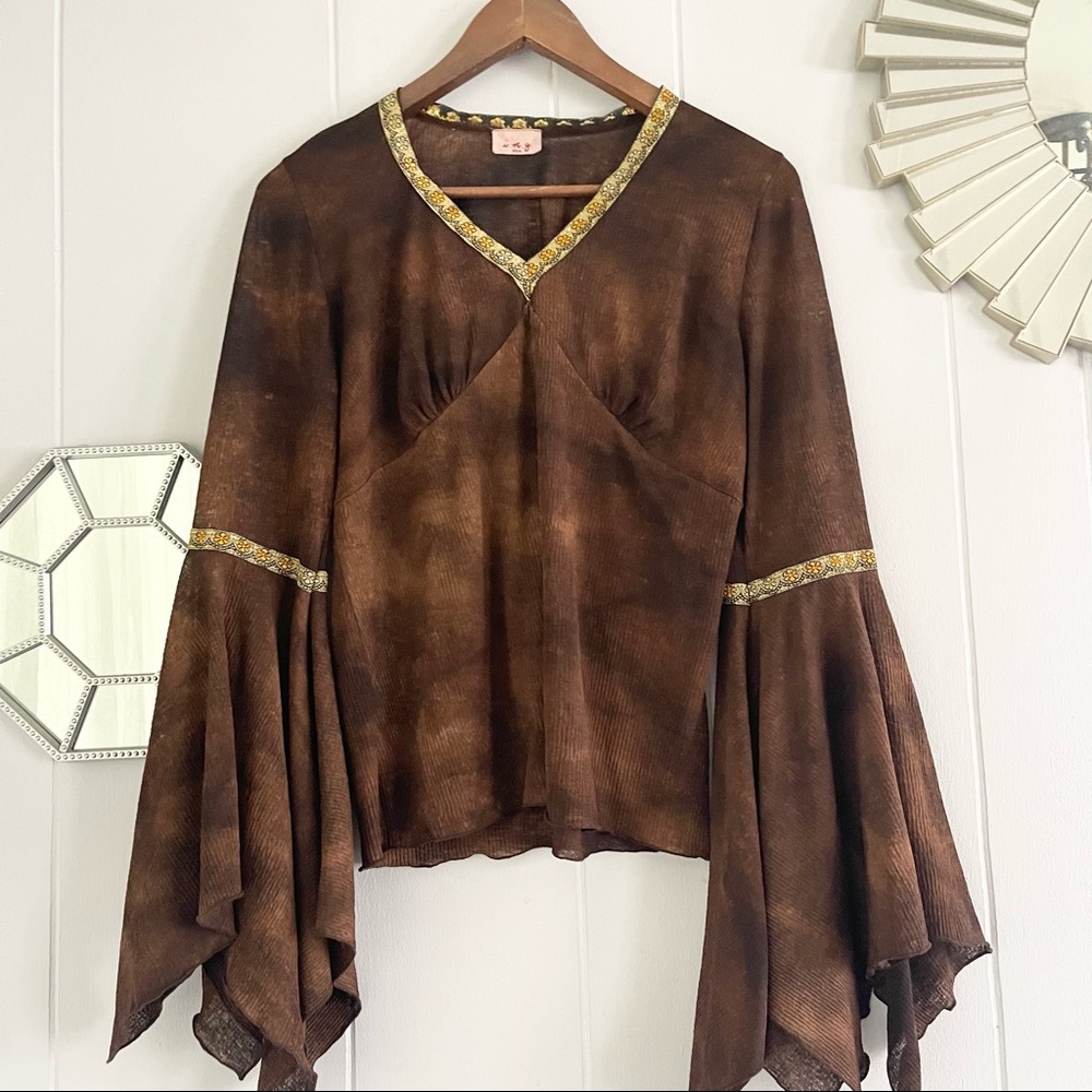 Y2K Boho Peasant Brown Blouse Flared Sleeves